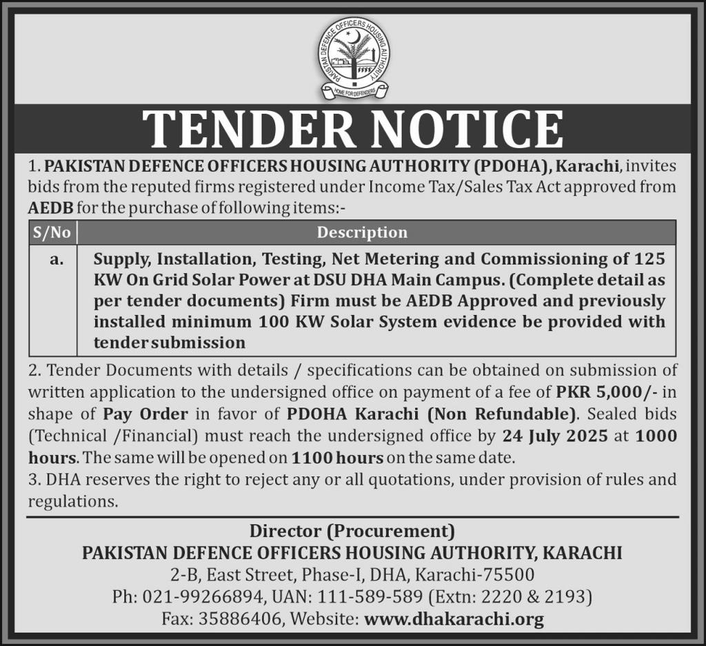 Pakistan Defence Officers Housing Authority Karachi Tender Notice